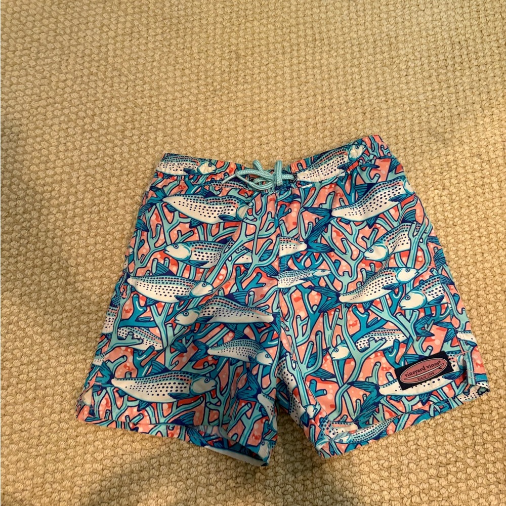 Vineyard Vines Blue and Pink Swim Trunks with Ocean Print